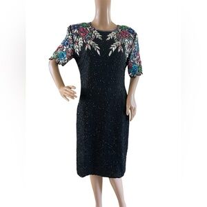 Stenay Formal Black Dress Silk Multi Sequin Bead Zip Open Back